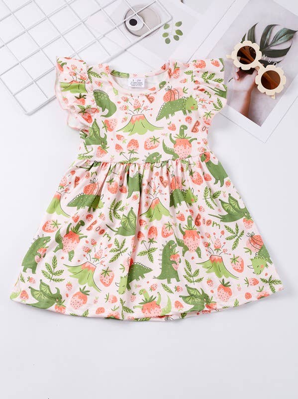 Summer Dinosaur Print Dress ruffle sleeve twirl dress