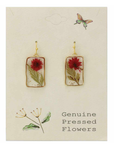 Cottage Red Dried Flower Rectangle Earrings