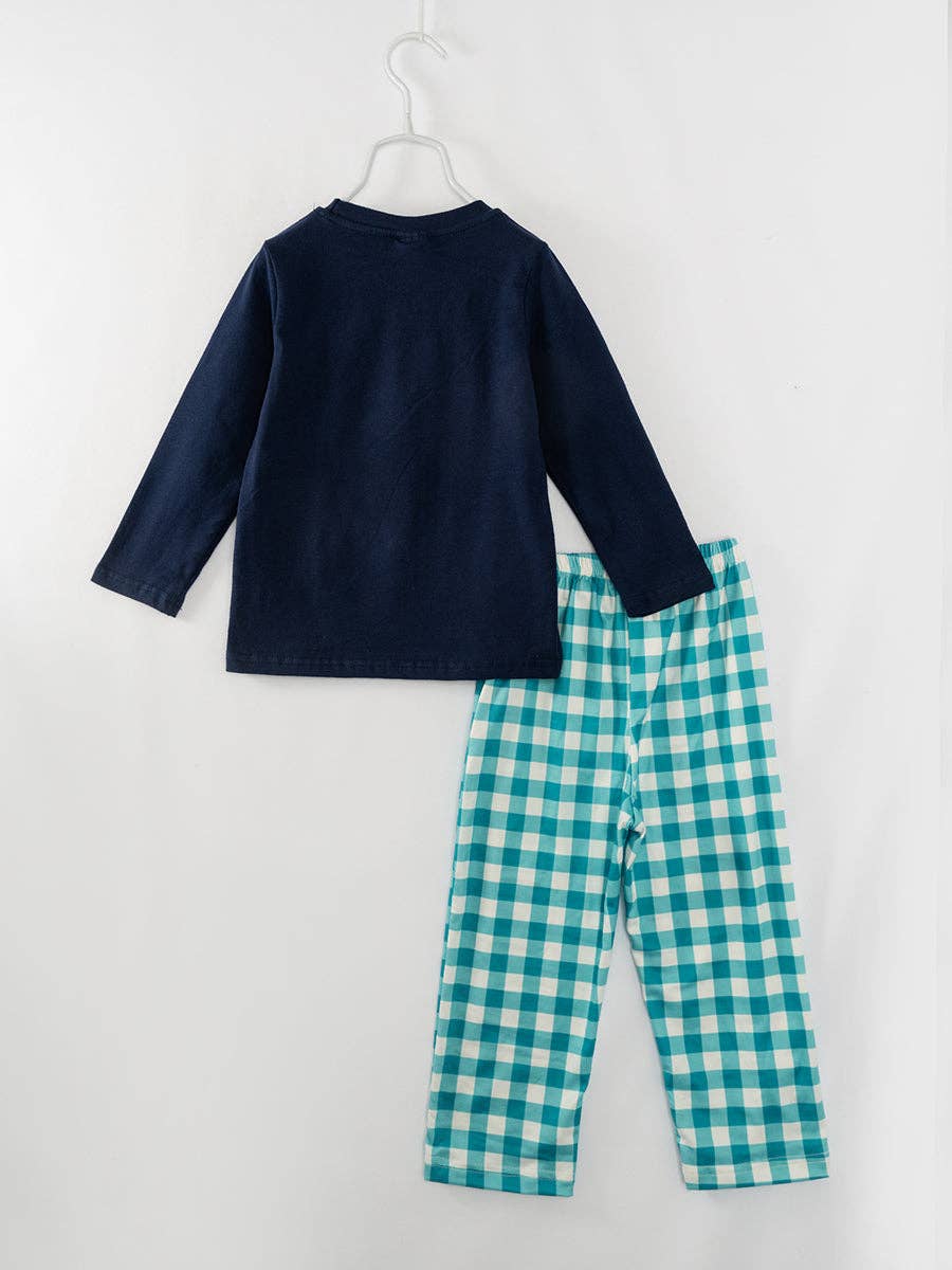 Dark Blue Dinosaur Plaid Boy Pant Set Pajamas
