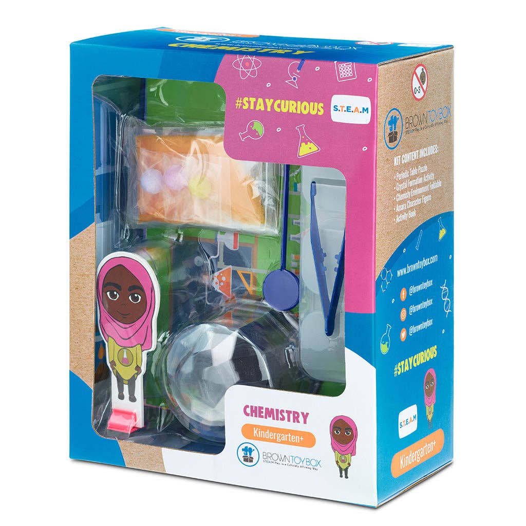 Box says "Chemistry" and window in box shows items in a chemistry set.