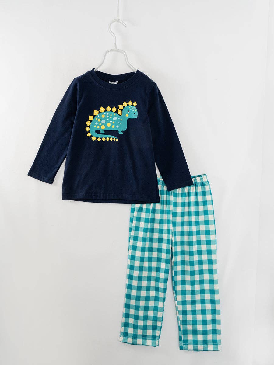 Dark Blue Dinosaur Plaid Boy Pant Set Pajamas