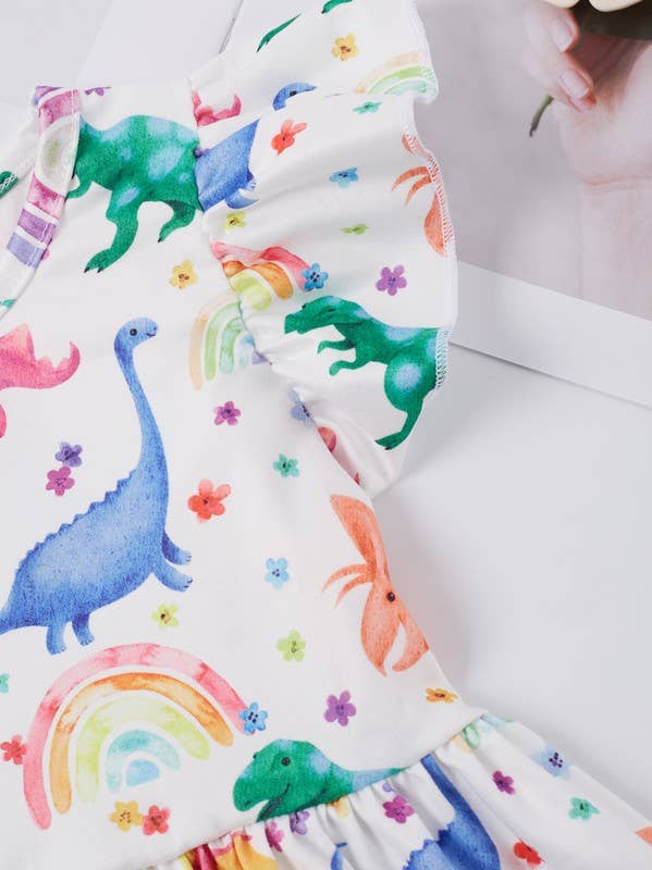 Summer Dinosaur Print Dress  ruffle sleeve twirl dress