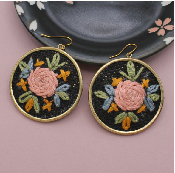 Black Floral Cross Stitch Gold Earrings