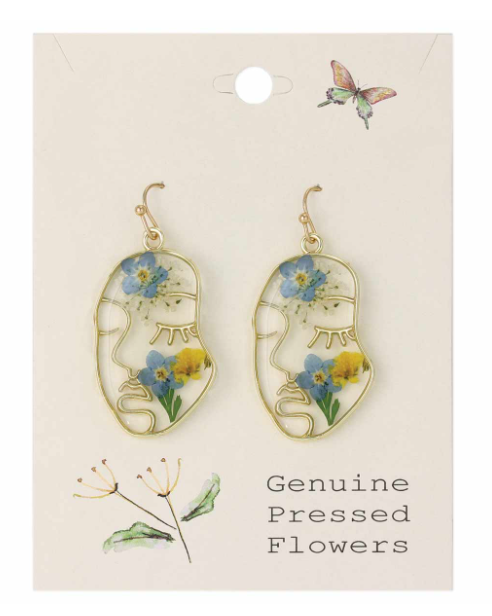 Blue Dried Flower Gold Face Earrings