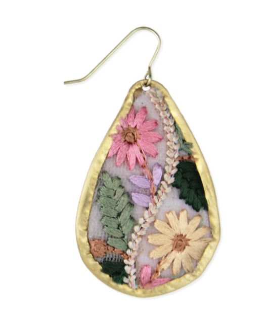 Floral Vines Embroidered Gold Teardrop Earrings
