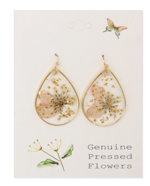 Gilded Flower Pink Dried Flower Teardrop Earrings