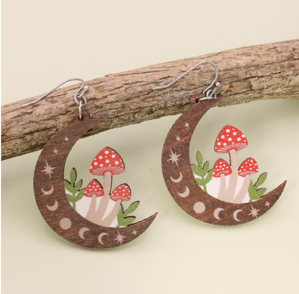 Natural Mystic Wood Mushroom Moon Earrings