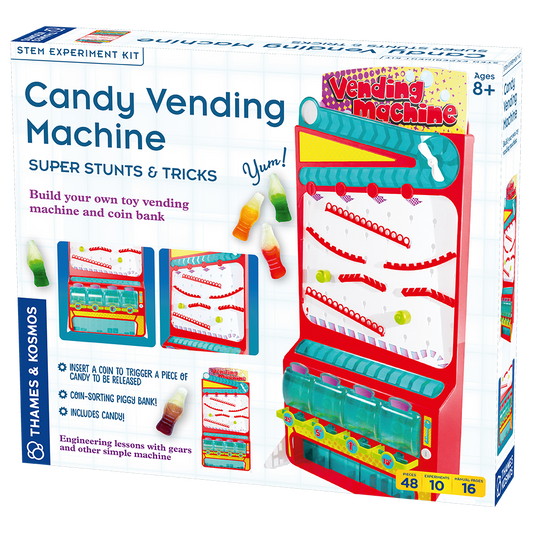 Candy vending machine box shows a depiction of the vending machine and some of the candy included in the kit