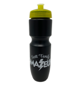 A black squeezy water bottle with highlighter yellow lid. Has Scott Family Amazeum printed in light grey on front. 