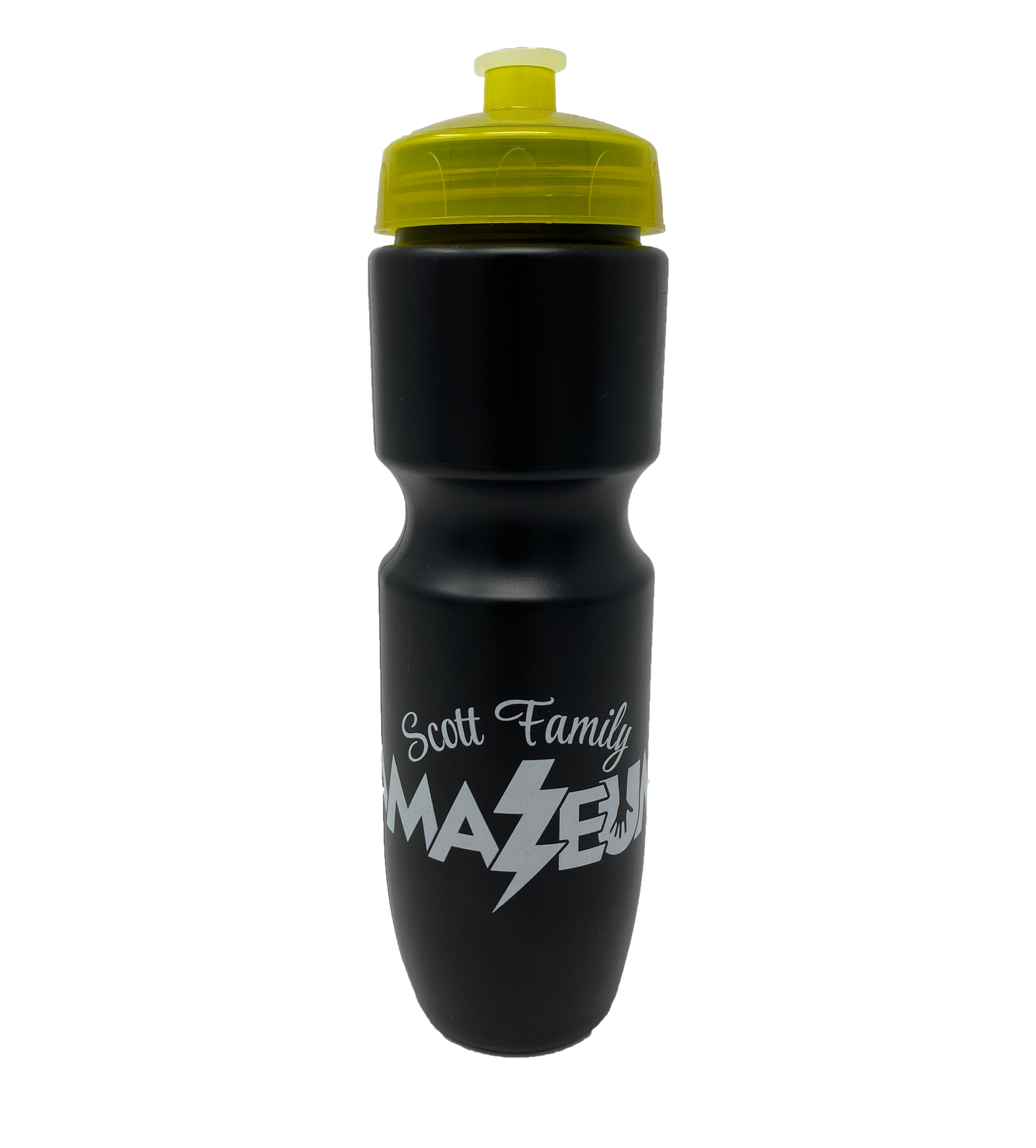 A black squeezy water bottle with highlighter yellow lid. Has Scott Family Amazeum printed in light grey on front. 