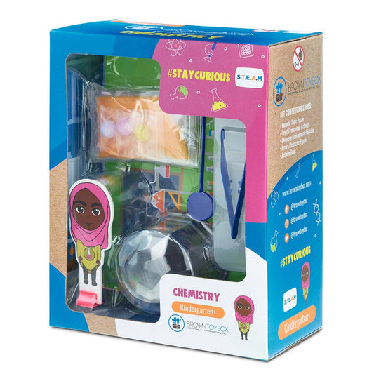 Box says "Chemistry" and window in box shows items in a chemistry set.