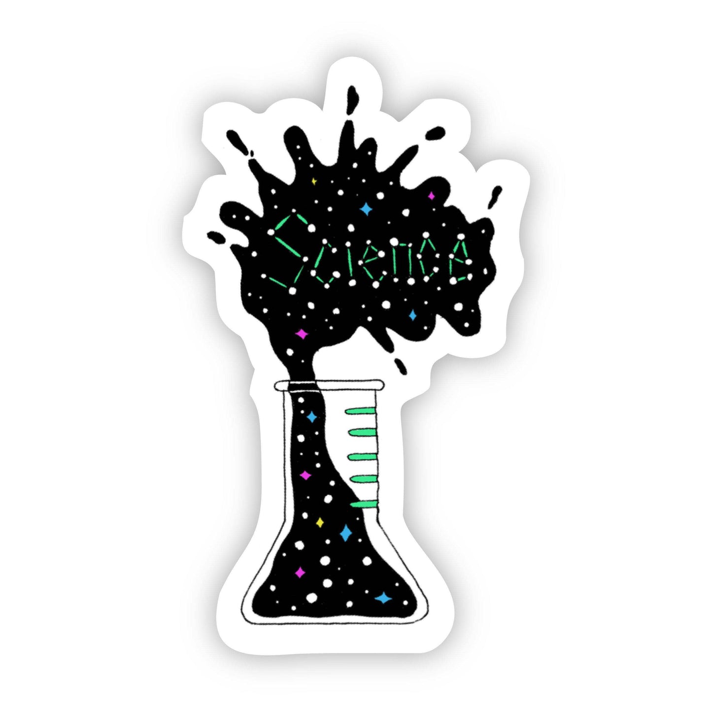 Black matter and multicolored specks flow out the mouth of a graduated flask, "science" is spelled out in green in the explosion out the top
